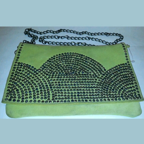 Rare Studded SUEDE Leather CLUTCH Purse Chain Bag VINTAGE BoHo Statement FALL - Picture 2 of 8